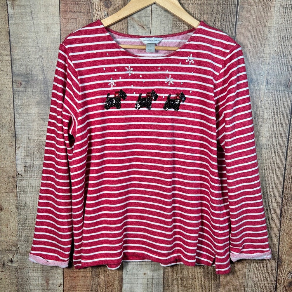 Christopher & Banks Red White Striped Sequin Scottie Dog Holiday Top XL Snow